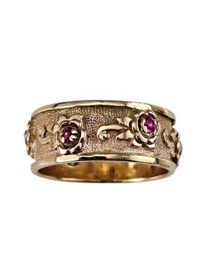 14K Yellow Gold and Red Gemstone Band Ring Size 6.5 #25045